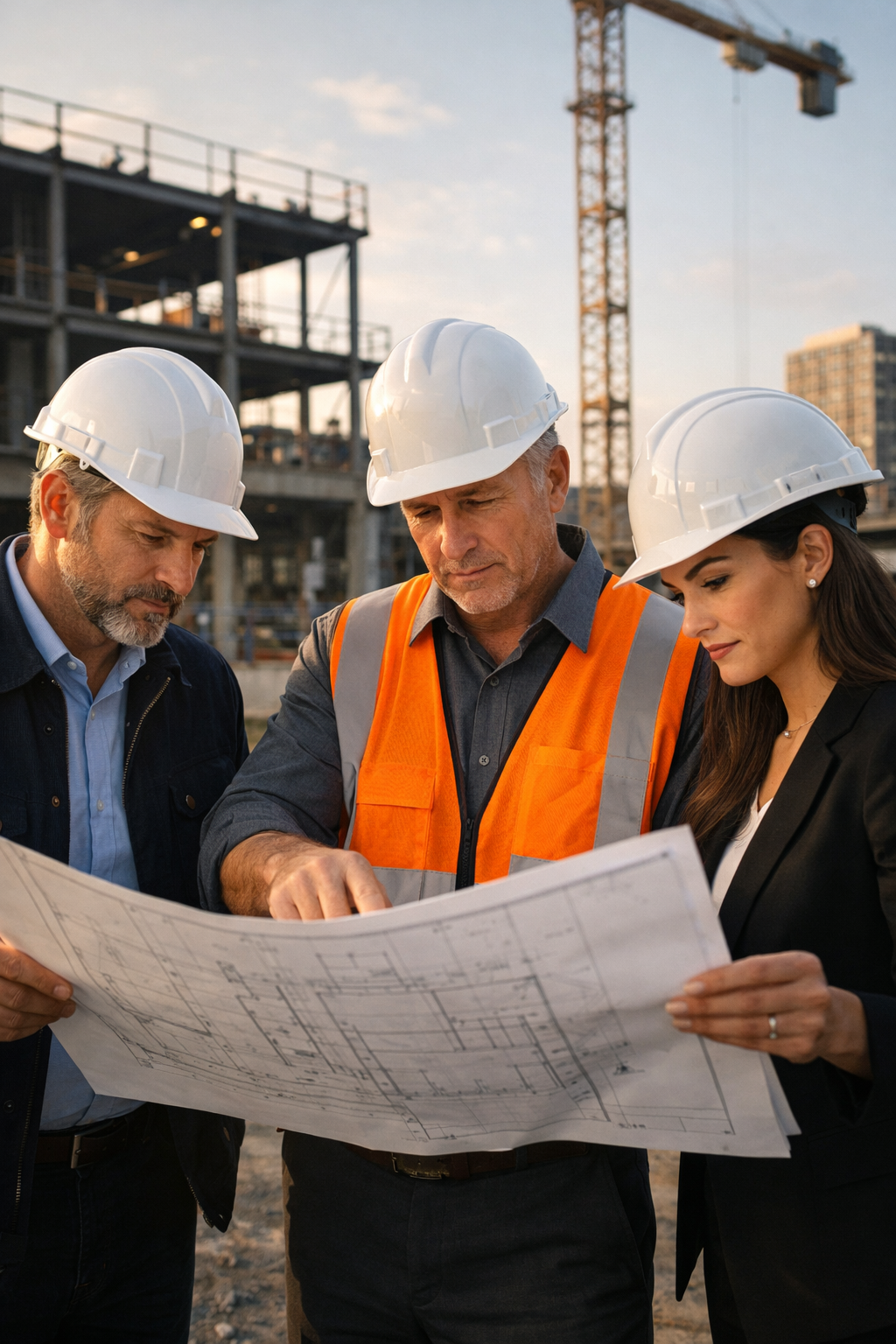 Construction leadership team reviewing blueprints on an active commercial jobsite